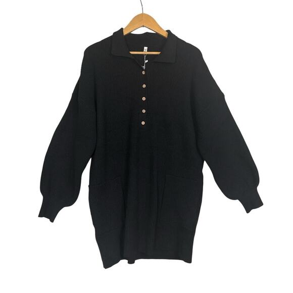 Deepself Women's Soft Lapel Ribbed Knitted Tunic Mini Dress Size XL Black NWT - Picture 2 of 9